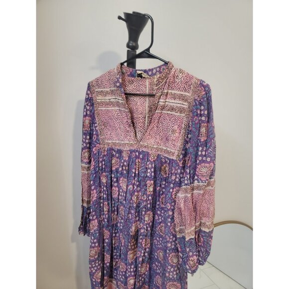 Adini Vintage Cotton Maxi Dress Small Pink Purple Gold Floral Boho 1970s - Picture 2 of 6